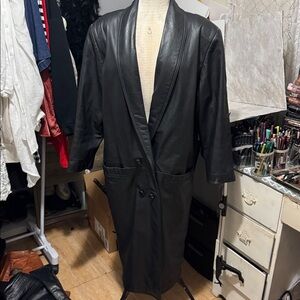 International Leather double breasted long Black Coat